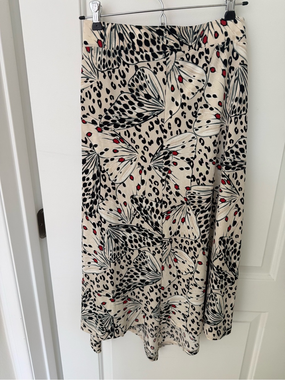 DKNY Beige Butterfly Print Midi Skirt with Black and Red Accents